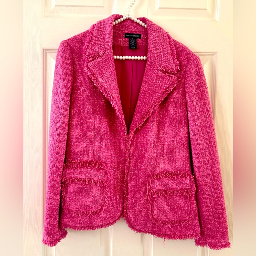 Boston Proper Hot Pink Blazer with gold thread throughout and frayed trim.